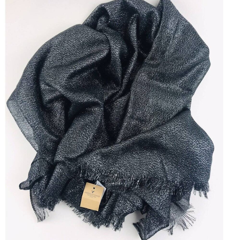 American Eagle New Black Metallic Scarf Shimmery Fancy Fringe Elegant Sheer Shin